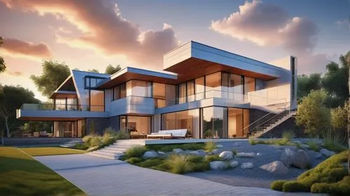 create a rendered image of a modern house, bluish glass panels, earth color finishes, good landscape,modern house,modern architecture,3d rendering,smart house,eco-construction,cubic house,contemporary