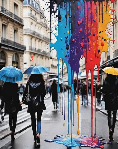 watercolor paris,colorful life,walking in the rain,splash of color,street artists,colorful city,umbrellas,watercolor paris shops,fallen colorful,graffiti splatter,raincoat,water colors,paint splatter,play of colors,colorfull,raindops,intense colours,paris,colorfulness,colours,Conceptual Art,Graffiti Art,Graffiti Art 08