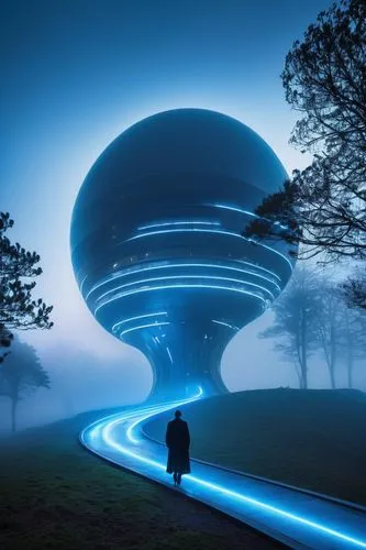 futuristic landscape,futuristic art museum,flying saucer,futuristic architecture,ufo,ringworld,alien ship,ufo interior,saucer,blue spheres,technosphere,mothership,futuristic,ufos,sky space concept,long exposure light,alien world,saucers,ufo intercept,ring fog,Illustration,Retro,Retro 21