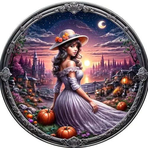 a girl in a white dress and hat,mabon,autumn icon,samhain,round autumn frame,halloween frame,halloween witch