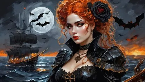 samhain,the sea maid,gothic woman,black pearl,fantasy picture,halloween background,Conceptual Art,Oil color,Oil Color 10