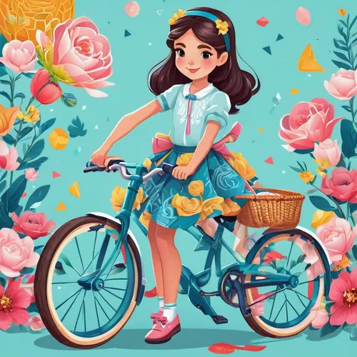 floral bike,woman bicycle,bicycle,girl with a wheel,retro girl,floral background,bicycle ride,cycling,retro flowers,girl in flowers,biking,bike,springtime background,rose flower illustration,vintage girl,bicycle riding,gingham flowers,spring background,cyclist,bicycling,Unique,3D,Isometric