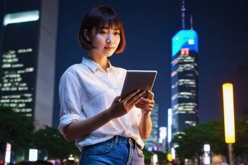 Mature lady, Temu user, casual, (25yo), short hair, no glasses, natural makeup, white shirt, denim shorts, sneakers, holding tablet, standing, urban, Tokyo streets, skyscraper, night, neon lights, sha