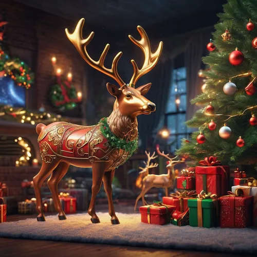 Develop whimsical Christmas illustrations with playful elves, magical reindeer, and festive stockings. Design a magical ambiance for an enchanting and fantastical holiday.,christmas deer,glowing antle