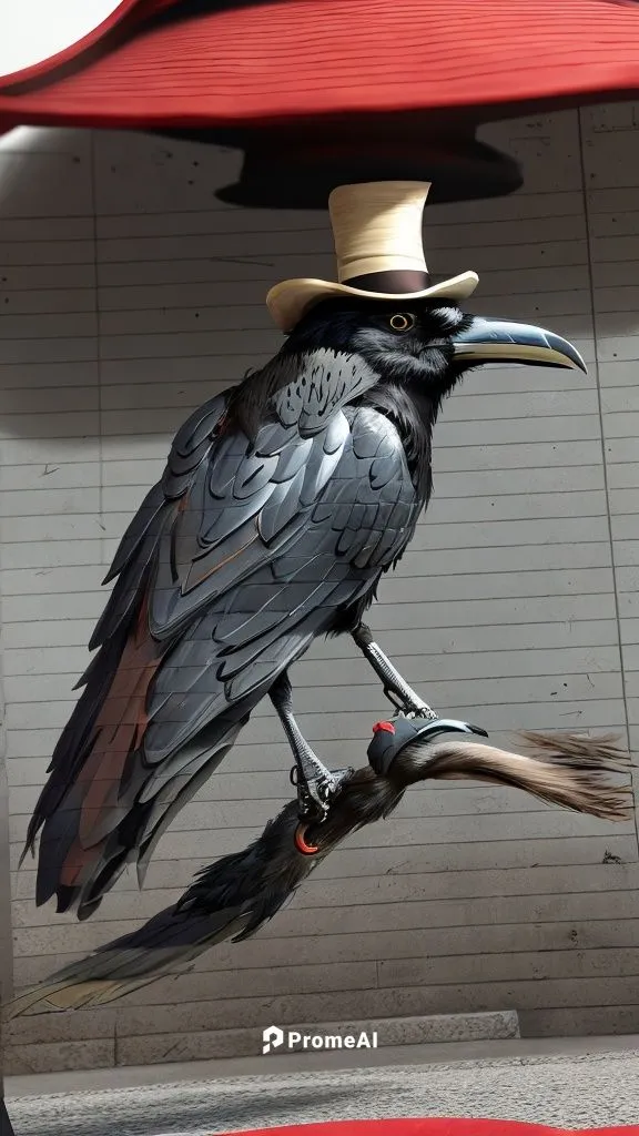 a crow with a tophat,raven sculpture,3d crow,australian magpie,automobile hood ornament,car sculpture,public art,magpie,an ornamental bird,oriental pied hornbill,carrion crow,crows bird,crow-like bird