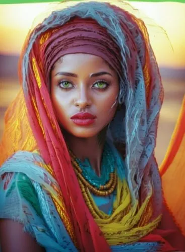 a woman with a large orange shawl over her head,ethiopian girl,eritrean,nigerien,eritreans,somalian,fulbe,Illustration,Realistic Fantasy,Realistic Fantasy 45