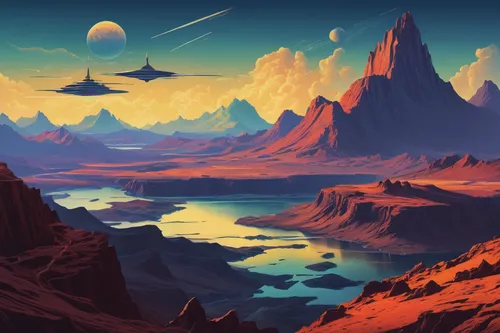 futuristic landscape,alien planet,alien world,desert planet,lunar landscape,dune landscape,space art,fantasy landscape,sci fiction illustration,planet alien sky,desert landscape,desert desert landscape,space ships,earth rise,mountains,mountainous landforms,moon valley,mountainous landscape,giant mountains,extraterrestrial life,Conceptual Art,Sci-Fi,Sci-Fi 16