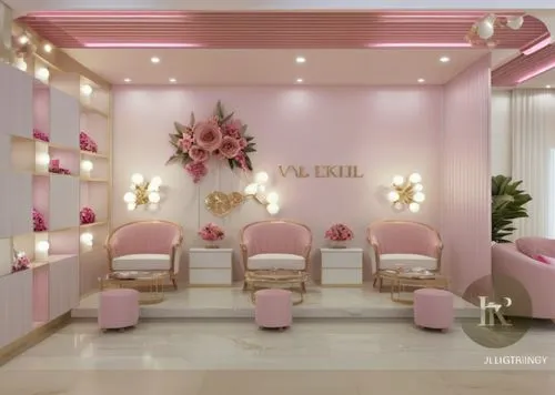 Salon de belleza de lujo estilo lujo moderno con detalles dorados y muebles y sillas en palo de rosa aspecto lujoso con muchas plantas y flores rosas ambiente agradable con olor a dulce de leche dulce