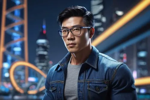 Rocky Shen, male, muscular, mature, rugged, short black hair, strong facial features, glasses with silver frames, denim shirt, dark blue jeans, leather belt, sneakers, architectural model, DNA double 