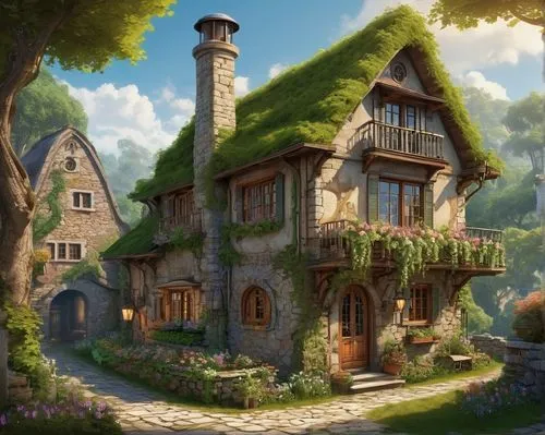 knight village,sylvania,alpine village,aurora village,fairy village,shire,escher village,country cottage,house in the forest,home landscape,kinkade,summer cottage,mountain settlement,maison,ancient house,beautiful home,riftwar,little house,witch's house,maplecroft,Conceptual Art,Fantasy,Fantasy 25