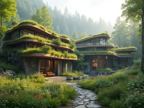 house in the forest,forest house,treehouses,house in the mountains,tree house hotel,house in mountains,ecotopia,beautiful home,earthship,home landscape,tree house,ecovillages,dreamhouse,mountain settlement,rivendell,log home,grass roof,ecovillage,wooden house,cubic house,Photography,General,Realistic