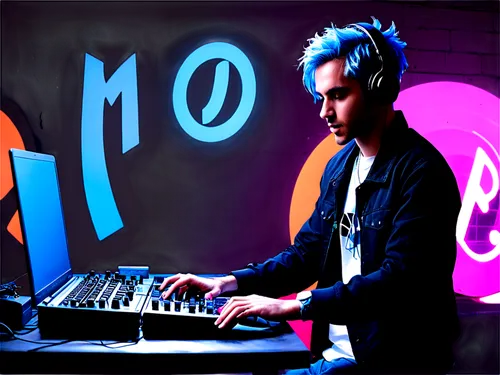 DJ, headphones, vinyl records, microphone, laptop, music studio, dark background, neon lights, futuristic atmosphere, dynamic pose, hands on controller, fingers on keyboard, cool expression, blue hair