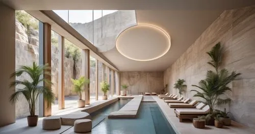 The interior of the spa is designed in the style of Alvaro Siza, with tall columns and a large swimming pool surrounded by limestone walls. There is a forest outside the window. The rock wall behind i