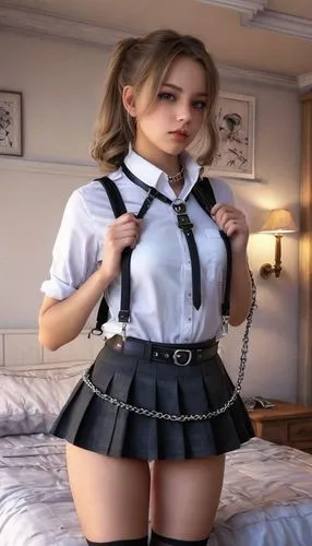 a  is tied up in short skirt and stockings, posing on a bed,school skirt,secretarial,miniskirted,miniskirt,miniskirts,maid,secretary,chambermaid,suspenders,waitress,fraulein,headmistress,belted,vidya,