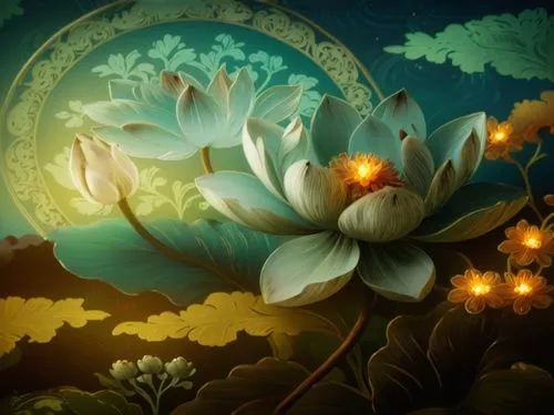 a painting shows an image of a flower with the sun behind it,lotus flowers,lotus blossom,golden lotus flowers,lotus flower,blooming lotus,water lotus,Illustration,Abstract Fantasy,Abstract Fantasy 19