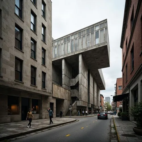 Rough-hewn concrete walls, exposed ductwork, industrial metal beams, weathered steel surfaces, raw brick facades, rugged stone foundations, brutalist fortress-like structures, dramatic cantilevered ro