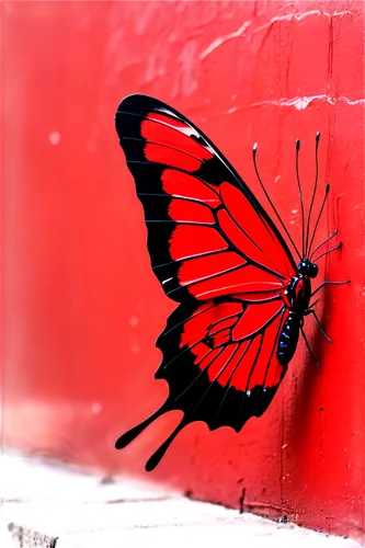 Red butterfly, solo, delicate wings, intricate veins, bright red color, shiny surface, thin legs, antennae, perched on edge, soft focus background, warm lighting, 3/4 composition, shallow depth of fie