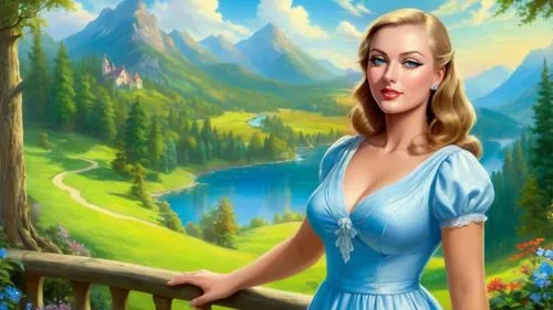 Romantic masterpiece oil painting, beautiful curvy busty woman portrait, silk sundress, nostalgic 1950's style kitsch, standing in front of a breathtaking beautiful epic vast landscape, majestic vibra