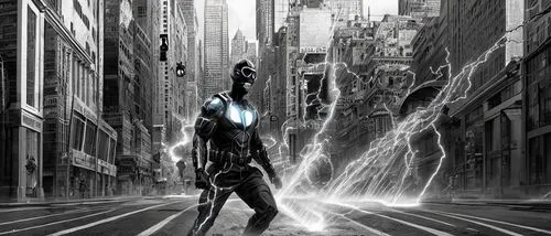 hiperrealismo, tecnologia, 4k, Static shock hero , distopic,silver surfer,human torch,sci fiction illustration,biomechanical,black city,electro,light streak,cyborg,dr. manhattan,cybernetics,superhero 