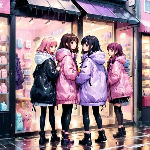 two girls in pink and lilac oversized puffy coats stand in front of a puffy coat shop accompany by her friend in black oversized coat run inside from the rain then is getting wet the girl's coats,a gr