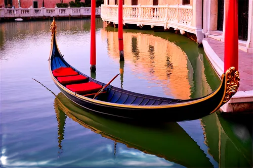 Gondola, Venetian style, ornate decorations, golden accents, red canopy, intricate carvings, gentle rocking motion, calm water reflection, sunny day, soft lighting, 3/4 composition, shallow depth of f