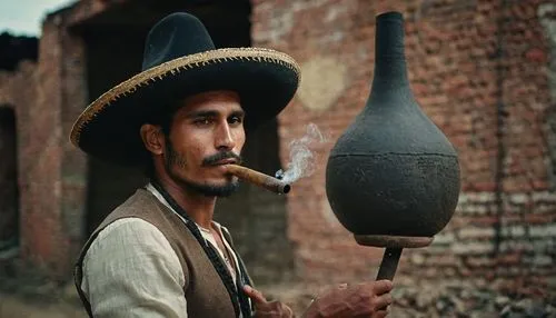 portrait, gipsy male, 30 years old, with a big gipsy black sombrero hat, smoking a big classical Calabash pipe, in front of ruined brick factory,yakkha,asian conical hat,tabacos,vendor,sombrero mist,m