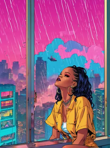 thunderstorm mood,windowsill,window sill,rooftops,city lights,rainy,neon lights,bedroom window,neon light,digital illustration,rooftop,rainstorm,above the city,monsoon,sci fiction illustration,rosa ' amber cover,cityscape,colorful city,thunderstorm,skies,Illustration,Vector,Vector 19