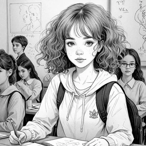 1girl,girl with speech bubble,girl studying,girl drawing,worried girl,the girl's face,line art children,kids illustration,afterschool,schooldays,detention,coloring pages kids,children drawing,classroo