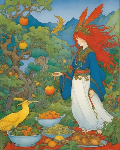 Examine how cultural differences shape dietary choices and beliefs.,girl picking apples,robin redbreast,flower and bird illustration,throwing leaves,children's fairy tale,kate greenaway,robins in a wi