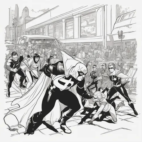 mono-line line art,pillow fight,batman,crowded,pencils,mono line art,comic hero,justice league,comic characters,crowds,crime fighting,caped,superhero comic,line-art,office line art,arrow line art,wonder woman city,fighting poses,skirmish,comic book bubble,Conceptual Art,Daily,Daily 08