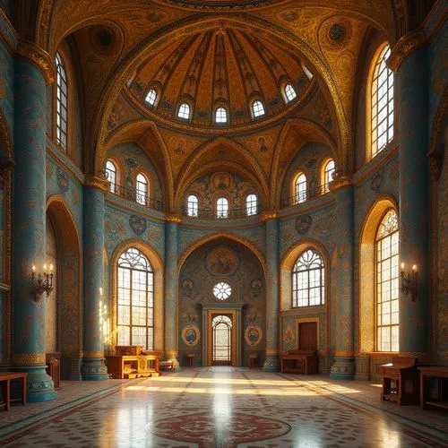 Intricate mosaics, golden tesserae, vibrant glass tiles, ornate Byzantine patterns, lavish decorations, opulent architecture, grand domes, intricate arches, richly ornamented walls, solemn religious a