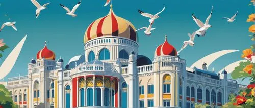 Brighton Pavilion, Regency-style building, grand dome, intricate stonework, ornate balconies, arched windows, vibrant colorful facade, bold architectural lines, British seaside resort town, sunny day,