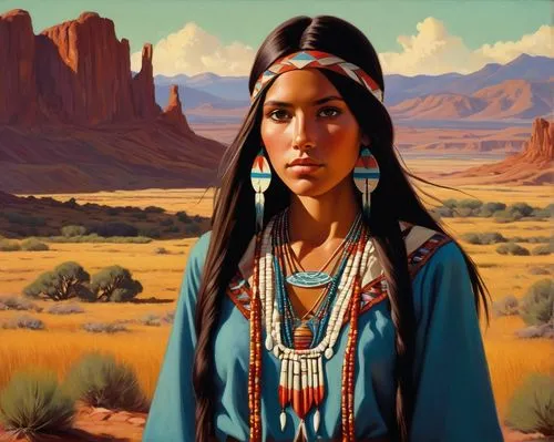 A young skinny woman with long straight dark hair, tanned skin and dark brown eyes. She is very naive, tender and sweet. She is dressed with a native american clothes. The background is a western amer