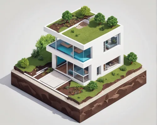 Imagine an intricately detailed, hyper realistic, cube ground is like cut within where soil formation can be seen in the cut, in isometric view of a house (describe the house), White background, It ev