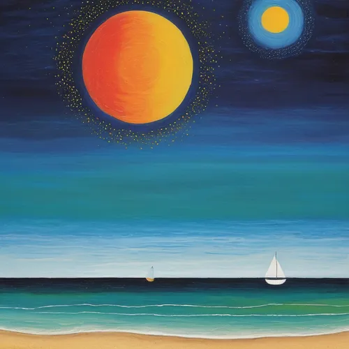 beach landscape,sailing orange,seascape,jupiter moon,sea landscape,dune sea,moon and star background,lunar landscape,blue moon,galilean moons,sea night,moons,landscape with sea,sailboats,dune landscape,coastal landscape,beach scenery,sailing boats,sailboat,orange bay,Art,Artistic Painting,Artistic Painting 26