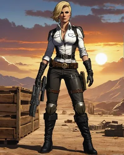 mercenary,desert background,woman holding gun,ballistic vest,female warrior,pubg mascot,hard woman,renegade,female doctor,femme fatale,girl with gun,girl with a gun,mad max,holding a gun,nova,enforcer,combat medic,terminator,black widow,gunfighter,Illustration,Retro,Retro 01