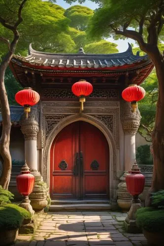 asian architecture,dojo,feng shui,japanese shrine,oriental lantern,fengshui,oriental,cartoon video game background,red lantern,jinchuan,sanshui,tianxia,baoding,taoism,victory gate,zui,wudang,japan garden,world digital painting,tori gate,Conceptual Art,Daily,Daily 09