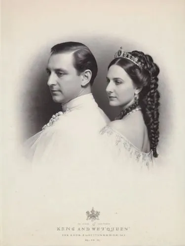 King and Queen of Württemberg as high-resolution art portrait photography in black and white,an old pograph of a man and a woman in formal clothes,romanovs,cd cover,napoleons,doukhobor,monarchial,elop