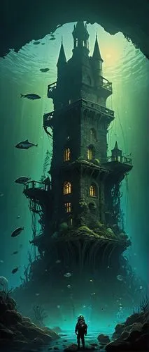 Dark mysterious underwater scene, Hogwarts castle ruins submerged in murky depths, old stone walls covered in seaweed, dimly lit by glowing jellyfish, a giant squid's tentacles wrapped around a crumbl