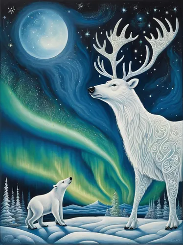 white fallow deer,winter deer,reindeer polar,deer illustration,santa claus with reindeer,fallow deer,christmas buffalo raccoon and deer,sleigh with reindeer,caribou,fallow deer group,snow hare,polar aurora,barren ground caribou,christmas snowy background,polar lights,aurora polar,winter animals,nordic christmas,reindeer,christmas deer,Illustration,Realistic Fantasy,Realistic Fantasy 40