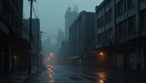 Dark gray urban landscape, ominous sky, industrial architecture, brutalist concrete buildings, metallic accents, mysterious alleys, dimly lit streets, rainy evening, misty atmosphere, high-contrast li