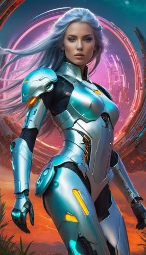 Elegant very athletic  Warrior with Robotic Body: A female warrior with long, soft teal hair stands poised on a futuristic battlefield. soft deep gray eyes, full lips. Her white robotic body reveals c