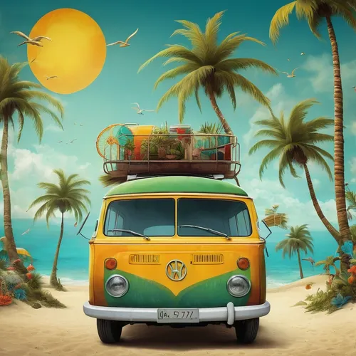 travel trailer poster,vwbus,campervan,summer background,vanagon,camper van isolated,camper on the beach,vw camper,camper van,volkswagenbus,vw bus,recreational vehicle,beach buggy,cuba background,classic car and palm trees,caravan,summer holidays,vintage background,dream beach,travel insurance,Illustration,Abstract Fantasy,Abstract Fantasy 01