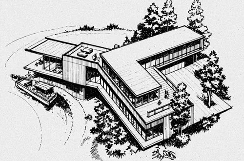 a drawing of an artistic house surrounded by trees,house drawing,fallingwater,docomomo,blockhouses,cohousing,blockhouse,Design Sketch,Design Sketch,Black and white Comic