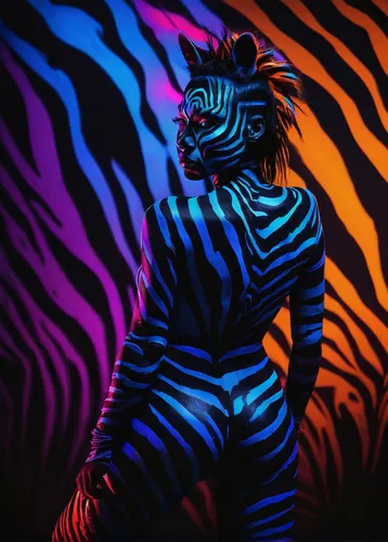 full body, beautiful woman, fit body, Zebra animal head, paint woman with fluo paint accomplished by a designer painter, black purple orange light-blue blacklighting, high details, she looks like a Ze