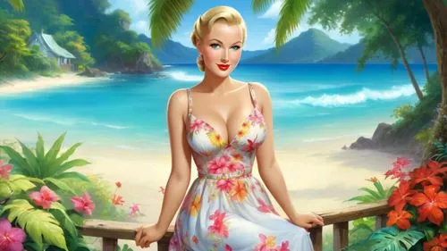 beach background,pin-up girl,retro pin up girl,marylyn monroe - female,connie stevens - female,pin up girl,summer background,hawaiiana,pin ups,retro pin up girls,pin-up girls,tropical floral background,pin-up model,cuba background,marilyn monroe,pin up girls,tropic,tropicale,beachwear,mamie van doren