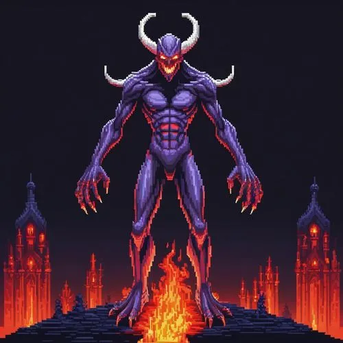 Pixel Art， game Scene,dormammu,demongeot,devilman,surtur,devil,demonata,azazel,demonomicon,kadath,archvillain,fire devil,archnemesis,devilbiss,devilder,demonaco,darklord,moloch,bedevil,infernal,baphom