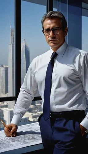 middle-aged male architect, standing, confident posture, black-framed glasses, short hair, facial stubble, white shirt, black tie, dark blue suit, holding blueprints, pencil in hand, modern office bac