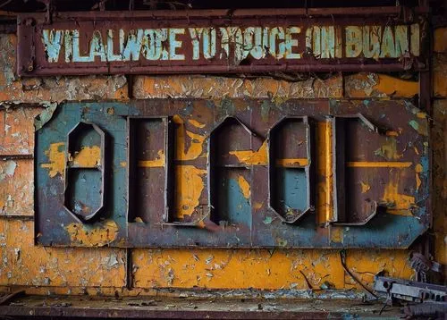 Unused logos, abandoned signs, old factory, rusty metal, worn-out wooden boards, faded colors, peeling paint, broken glass, dim lighting, urban decay, industrial atmosphere, 3/4 composition, shallow d