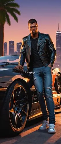 Grand Theft Auto, 5 RP pictures, cityscape, sunset, male character, muscular build, black leather jacket, ripped jeans, sneakers, confident posture, leaning against a sports car, Los Santos city light